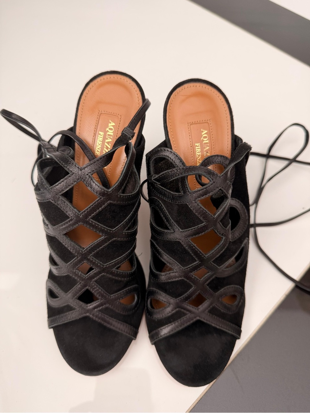 Aquazzura Black Lace-Up Cutout Heels